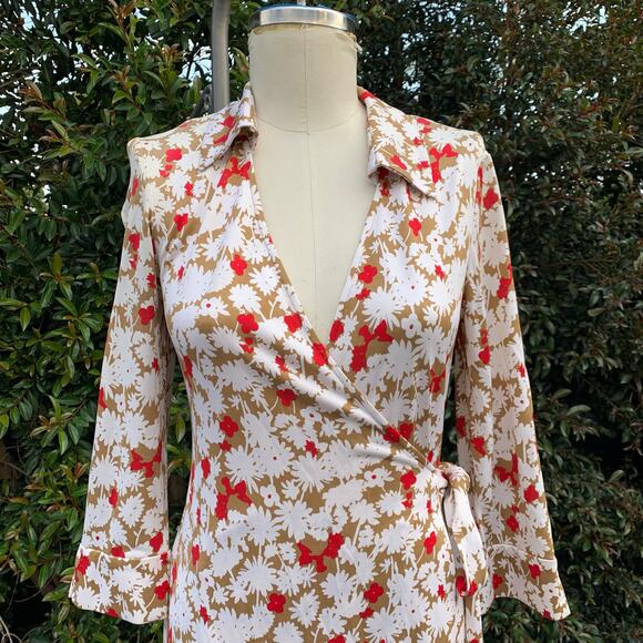 Diane Von Furstenberg Floral Wrap Midi Dress - Red and White - Picture 2 of 8